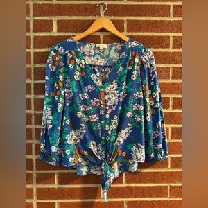 LOFT Blue Floral Blouse with Tie Front